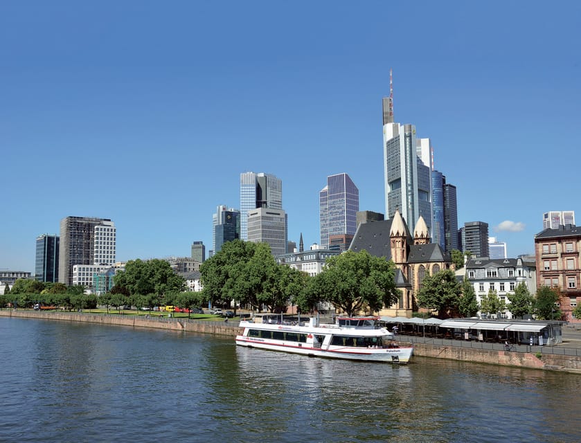 Frankfurt: 1-Hour Panorama Boat Cruise on the river Main - Frankfurt from the Main, with skyscrapers in front of you