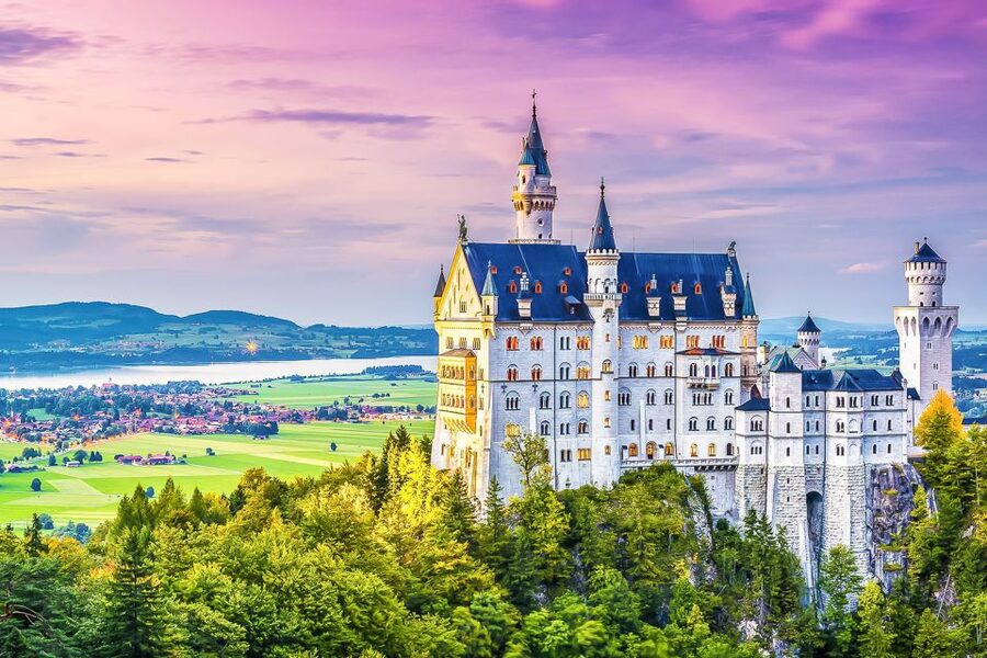 Neuschwanstein Castle on its rock above the Bavarian forest