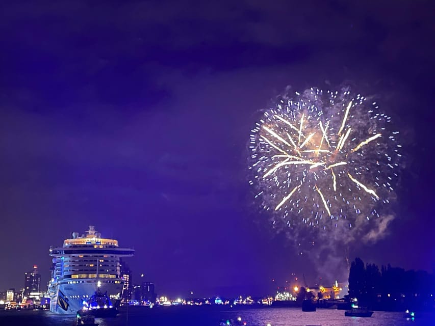 Hamburg: New Years Eve Harbour Cruise - A historic barge with a simple drinks setup